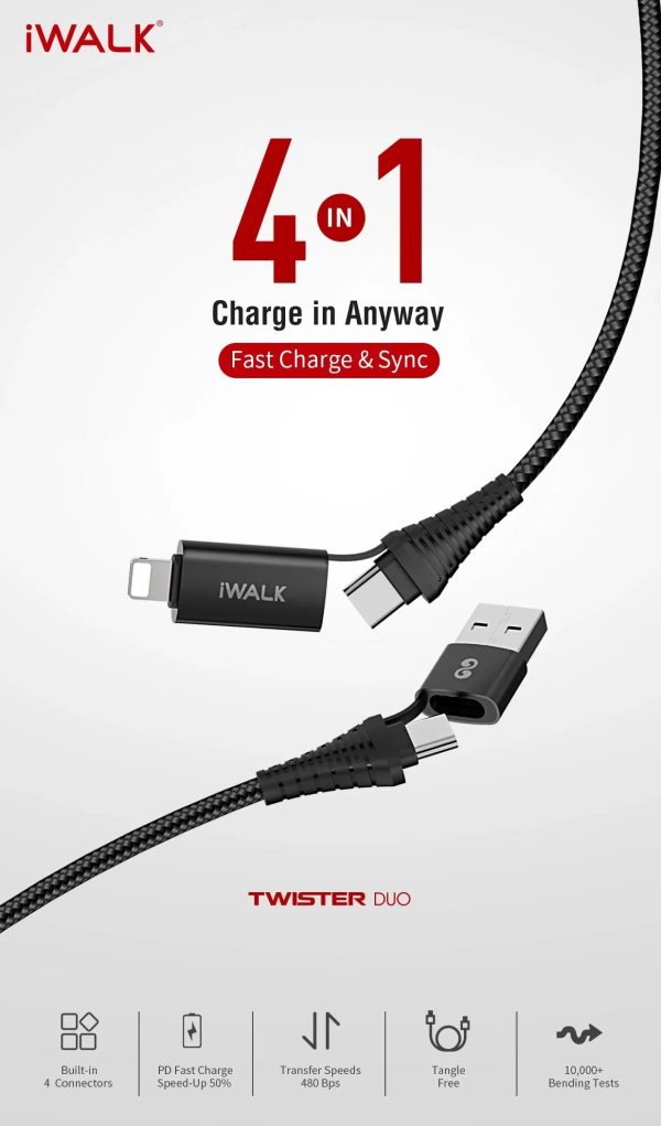 iWalk 60W 4in1 Twister Duo Cable 1M Cable - Black - Tashqila