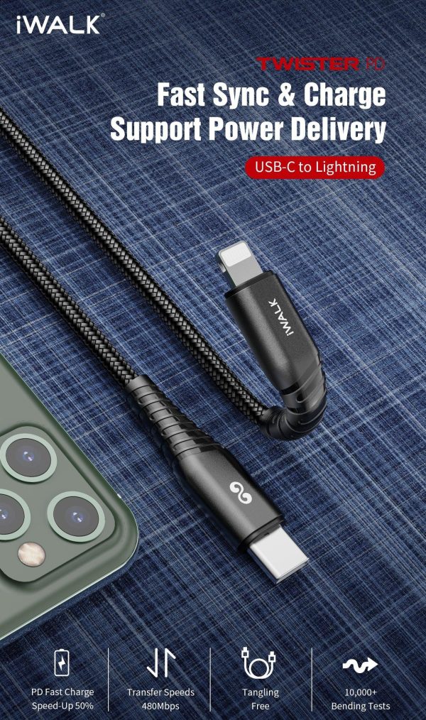 iWalk 18W Twister PD Ultra Flexible Qc 1M Type-C To Lightning Charge And Sync Cable - Black - Tashqila