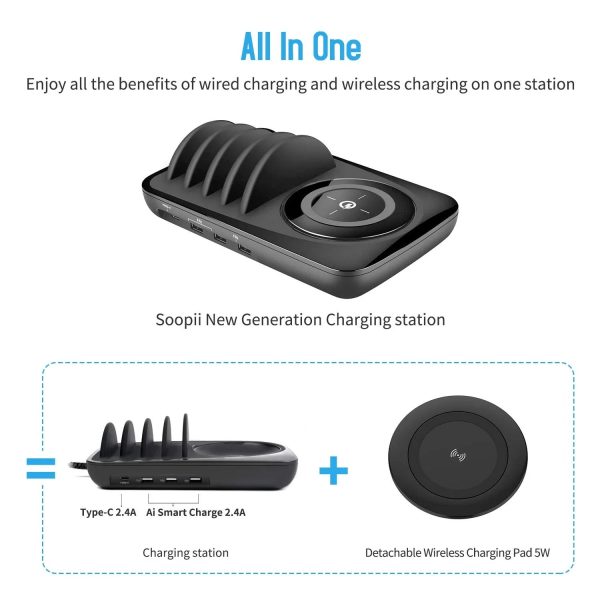 Soopii Wiv6 - 5In1 - 4 Ports Usb and Wireless Charging Station - Black - Tashqila