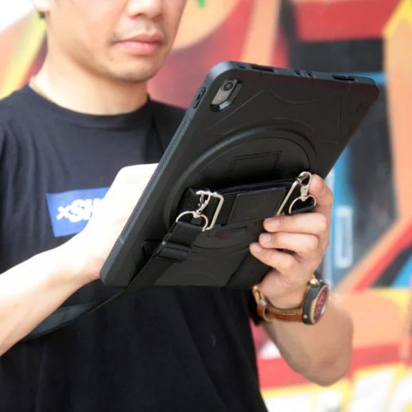 Armor-X Enx Case For iPad Pro 12.9 2020 Ultra 3 Layers Shockproof Rugged Case With Hand Strap & Kick Stand & Pen Holder- Black - Tashqila