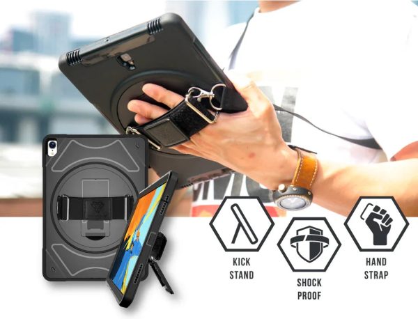 Armor-X Enx Case For iPad Pro 12.9 2020 Ultra 3 Layers Shockproof Rugged Case With Hand Strap & Kick Stand & Pen Holder- Black - Tashqila