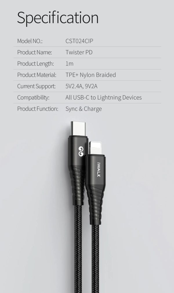 iWalk 18W Twister PD Ultra Flexible Qc 1M Type-C To Lightning Charge And Sync Cable - Black - Tashqila