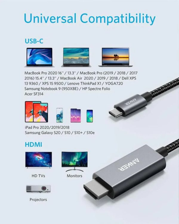 Anker 311 USB-C to HDMI 4K Nylon Cable (1.8m/6ft) - Black - Tashqila