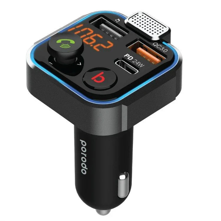 Porodo Smart Car Charger FM Transmitter with 24W PD Port & QC 3.0 - Black - Tashqila
