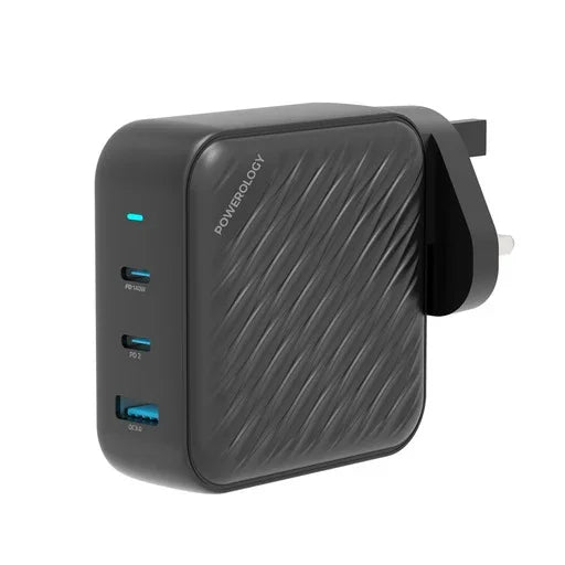 Powerology 140W PD QC 2xUSB-C and 1xUSB-A GaN Charger UK - Black - Tashqila