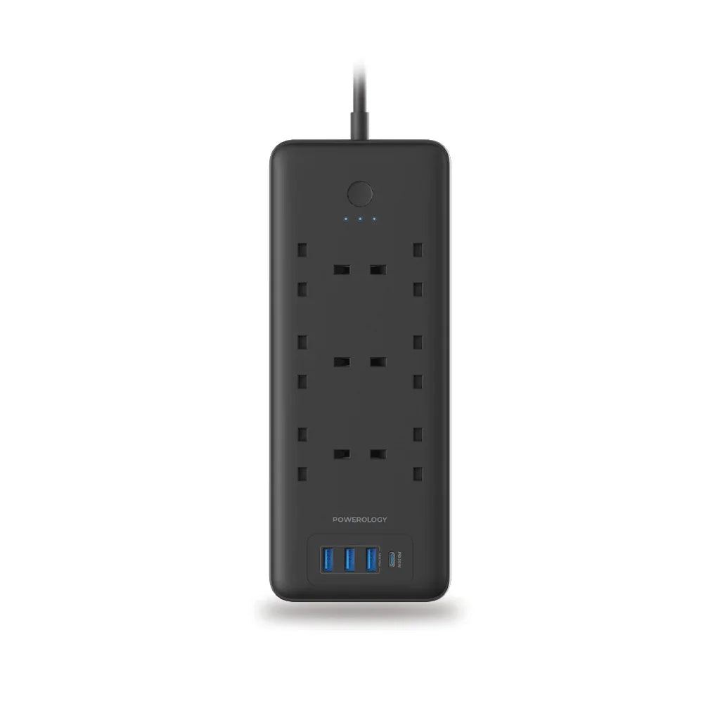 Powerology 48W 6AC 1x PD USB-C and 3x QC USB-A Power Strip with UK Plug - Black - Tashqila