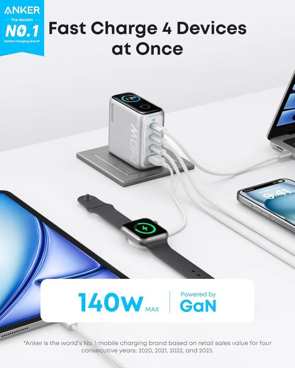 Anker 140W Charger 4-Ports With Usb-C Cable -Silver - Tashqila