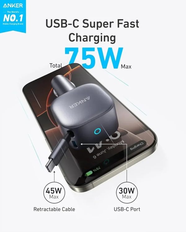 Anker Nano Car Charger (75W, Usb-C Port, Built-In Retractable Usb-C Cable) -Silver - Tashqila