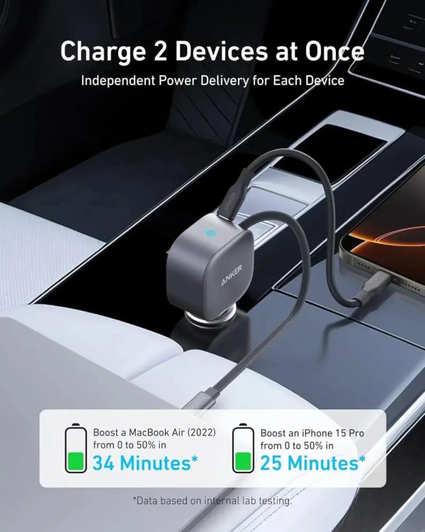 Anker Nano Car Charger (75W, Usb-C Port, Built-In Retractable Usb-C Cable) -Silver - Tashqila