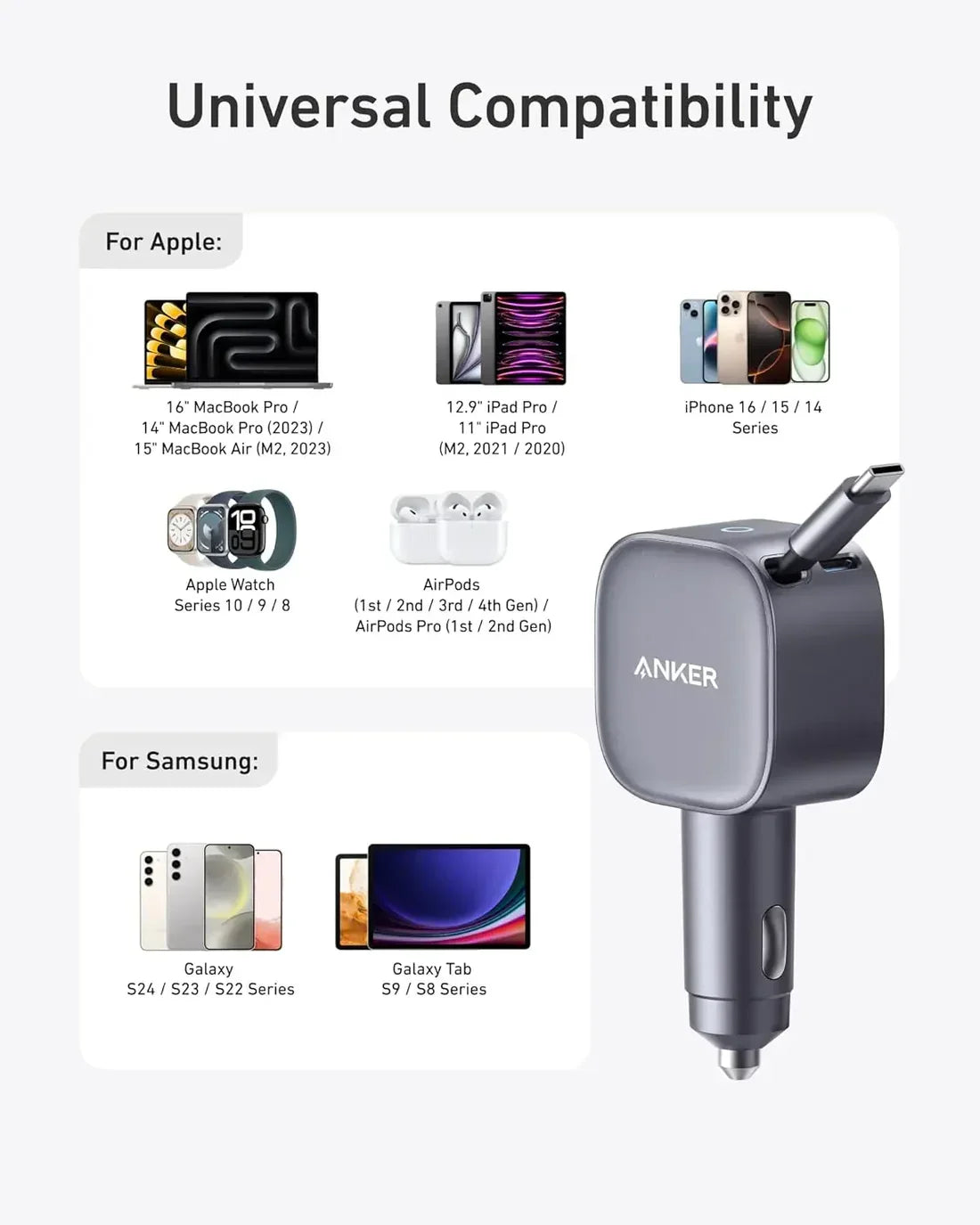 Anker Nano Car Charger (75W, Usb-C Port, Built-In Retractable Usb-C Cable) -Silver - Tashqila