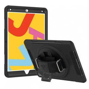 Armor-X Exn Case For iPad 8Th Gen 10.2 (2020 & 2019) Ultimate 3 Layers Shockproof Rugged Case With Hand Strap & Kick Stand- Black - Tashqila
