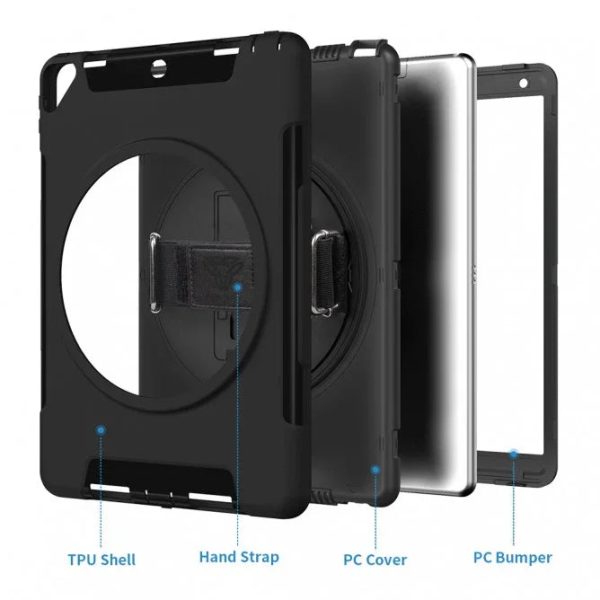 Armor-X Exn Case For iPad 8Th Gen 10.2 (2020 & 2019) Ultimate 3 Layers Shockproof Rugged Case With Hand Strap & Kick Stand- Black - Tashqila