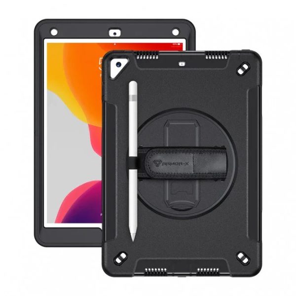 Armor-X Exn Case For iPad 8Th Gen 10.2 (2020 & 2019) Ultimate 3 Layers Shockproof Rugged Case With Hand Strap & Kick Stand- Black - Tashqila