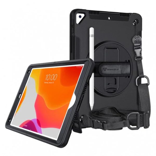 Armor-X Exn Case For iPad 8Th Gen 10.2 (2020 & 2019) Ultimate 3 Layers Shockproof Rugged Case With Hand Strap & Kick Stand- Black - Tashqila