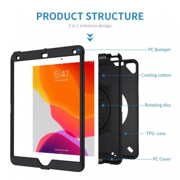 Armor-X Exn Case For iPad 8Th Gen 10.2 (2020 & 2019) Ultimate 3 Layers Shockproof Rugged Case With Hand Strap & Kick Stand- Black - Tashqila