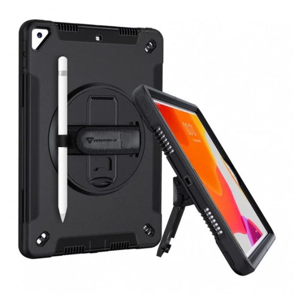 Armor-X Exn Case For iPad 8Th Gen 10.2 (2020 & 2019) Ultimate 3 Layers Shockproof Rugged Case With Hand Strap & Kick Stand- Black - Tashqila