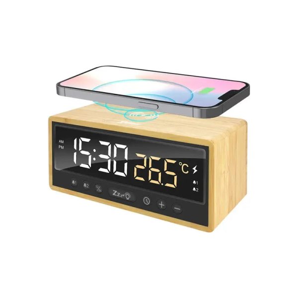 XPower QIC5 4 In 1 Bamboo Alarm Clock With 15W Wireless Charger - Brown - Tashqila