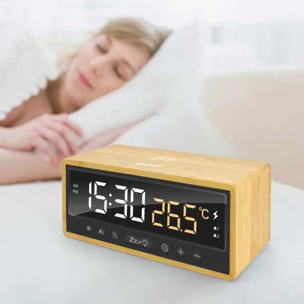 XPower QIC5 4 In 1 Bamboo Alarm Clock With 15W Wireless Charger - Brown - Tashqila