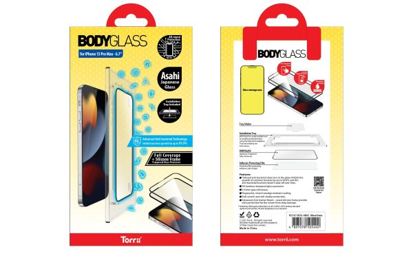 Torrii Bodyglass Screen Protector For iPhone 13 Pro Max Anti-Bacterial Coating - Full Coverage + Silicone Frame - Black - Tashqila