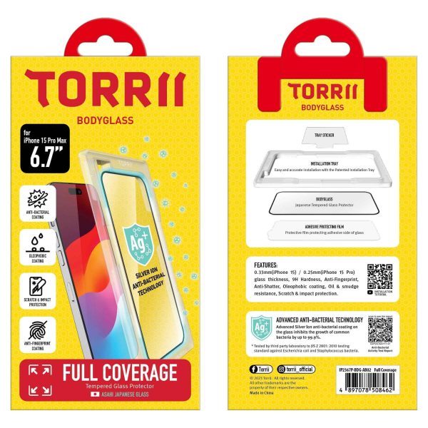 iPhone 15 Pro Max Torrii Bodyglass Screen Protector Anti-Bacterial Coating - Full Coverage Black