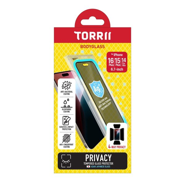 iPhone 16 Plus / 15 Plus / 14 Pro Max Torrii Bodyglass Screen Protector Glass - 4-Way Privacy - Tashqila