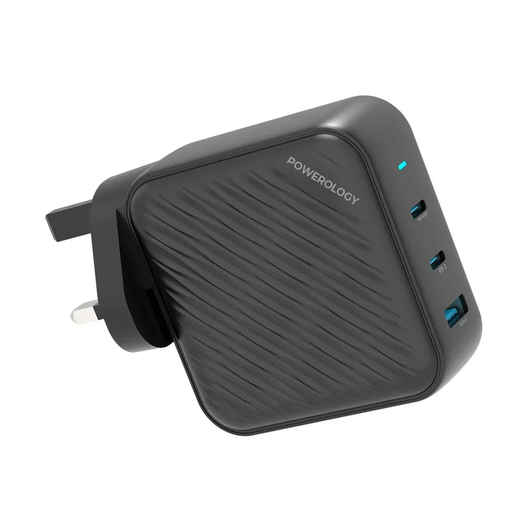 Powerology 140W PD QC 2xUSB-C and 1xUSB-A GaN Charger UK - Black - Tashqila