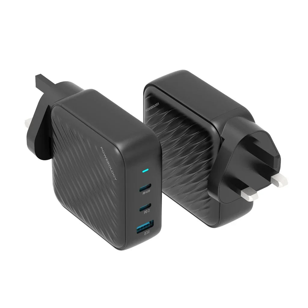 Powerology 140W PD QC 2xUSB-C and 1xUSB-A GaN Charger UK - Black - Tashqila