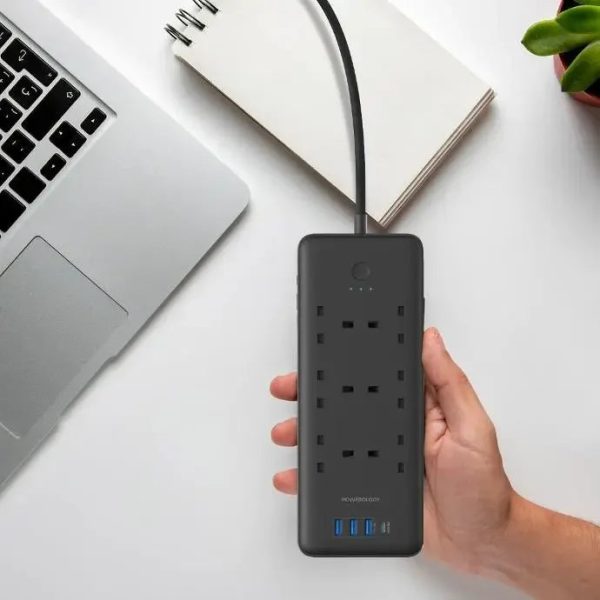 Powerology 48W 6AC 1x PD USB-C and 3x QC USB-A Power Strip with UK Plug - Black - Tashqila