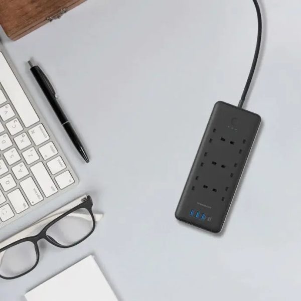 Powerology 48W 6AC 1x PD USB-C and 3x QC USB-A Power Strip with UK Plug - Black - Tashqila