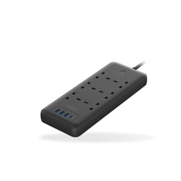 Powerology 48W 6AC 1x PD USB-C and 3x QC USB-A Power Strip with UK Plug - Black - Tashqila