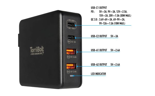 Torrii Bolt 4 Port Charging Hub with 2 USB-C & 2 USB-A QC 3.0 - Black - Tashqila
