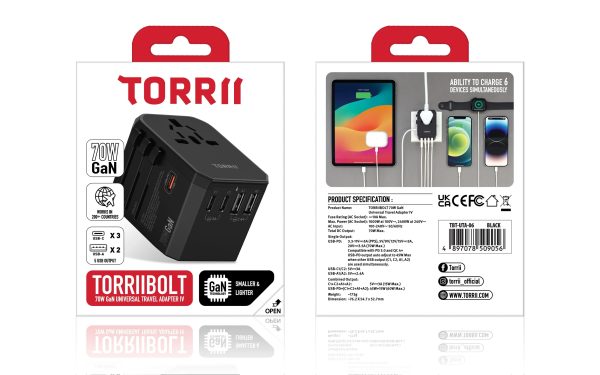 Torrii Bolt 70W GaN Universal Travel Adapter IV - Black - Tashqila