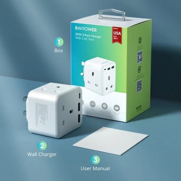 Ravpower PD 20W Wall Charger Uk Version With 3 Ac Port - White - Tashqila