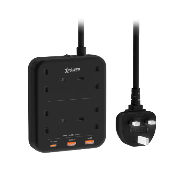 XPower 3250W Power Strip 7 Output (2 Usb + 1 Type-C + 4 Uk Sockets) - Black - Image 2