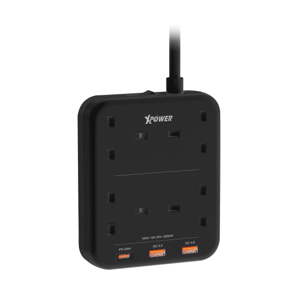 XPower 3250W Power Strip 7 Output (2 Usb + 1 Type-C + 4 Uk Sockets) - Black - Image 3