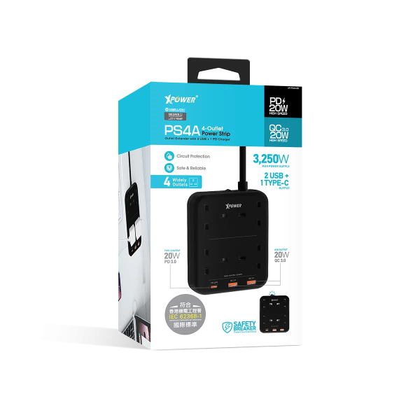 XPower 3250W Power Strip 7 Output (2 Usb + 1 Type-C + 4 Uk Sockets) - Black - Image 5