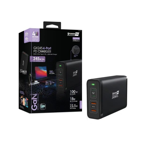 XPower Pro Gx245 245W 4-Port PD Gan Desktop Charger - Black