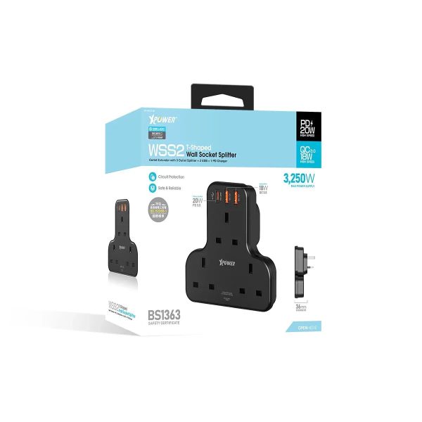 XPower 20W 3 Outlet T-Shaped Extension Socket - Black - Tashqila