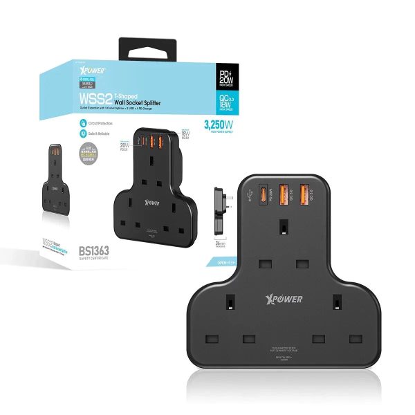 XPower 20W 3 Outlet T-Shaped Extension Socket - Black - Tashqila