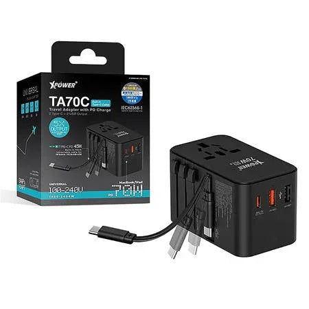 XPower 70W GaN Travel Adaptor Built-in Cable - Black - Tashqila