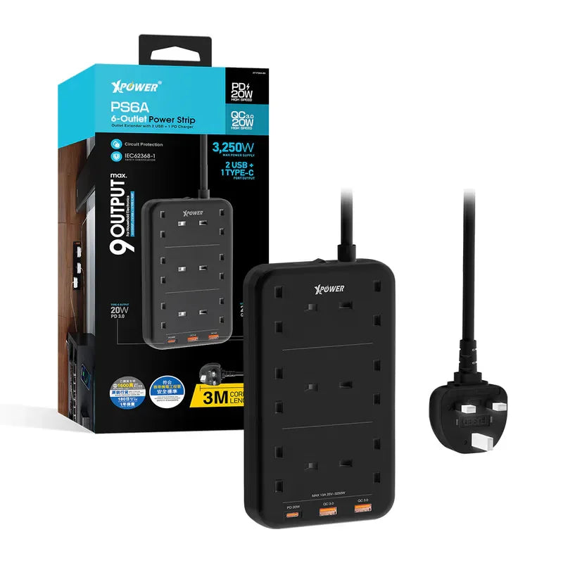 XPower 9 Output Sockets Power Strip (3m Wire) - Black - Tashqila