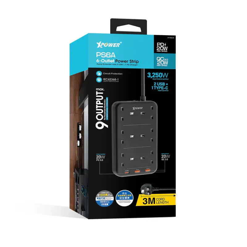 XPower 9 Output Sockets Power Strip (3m Wire) - Black - Tashqila