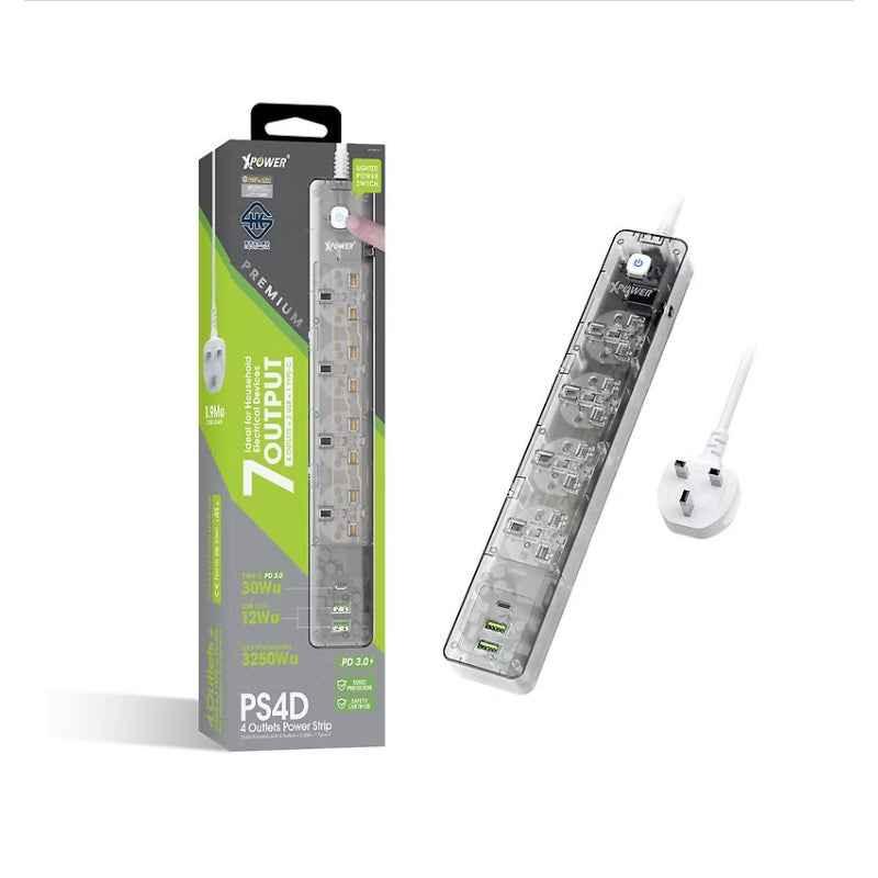 XPower PS4D 3250W 7 Output 2 Usb + 1 Type-C + 4 Uk Sockets Power Strip - Transparent Black