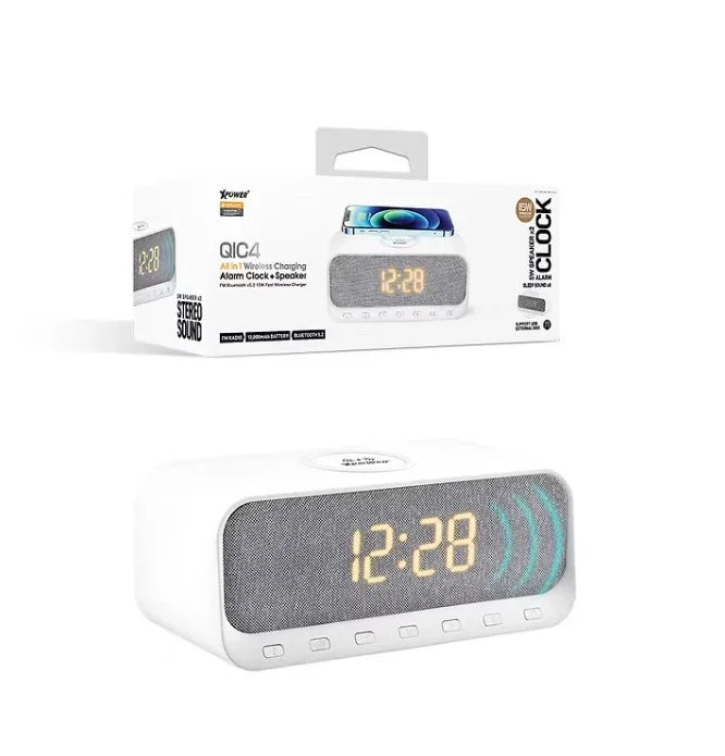 XPower QIC4 15W Wireless Charging + Bluetooth Speaker Alarm Clock - White - Tashqila