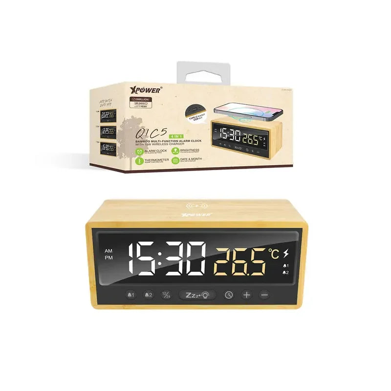 XPower QIC5 4 In 1 Bamboo Alarm Clock With 15W Wireless Charger - Brown - Tashqila