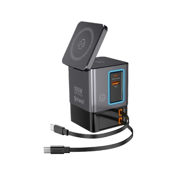 Xpower 105W Gan Magsafe Dual Cable Charging Tower - Grey - Tashqila