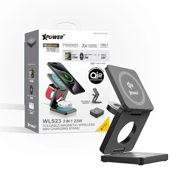 Xpower 23W 3in1 Foldable Magsafe Wireless Charging Stand - Grey - Tashqila