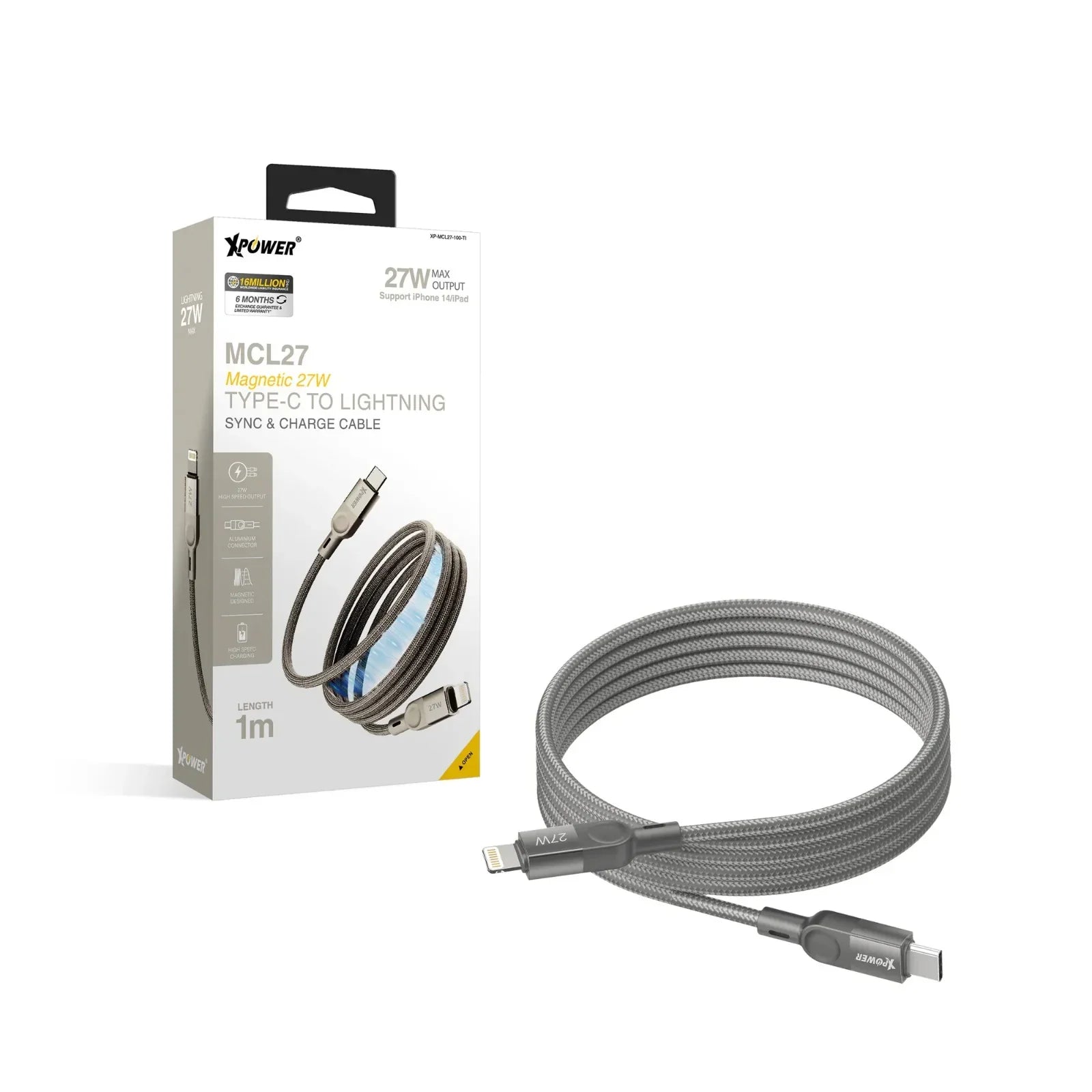 Xpower 27W Type-C To Lightning Magnetic 1M Cable - Titanium - Tashqila