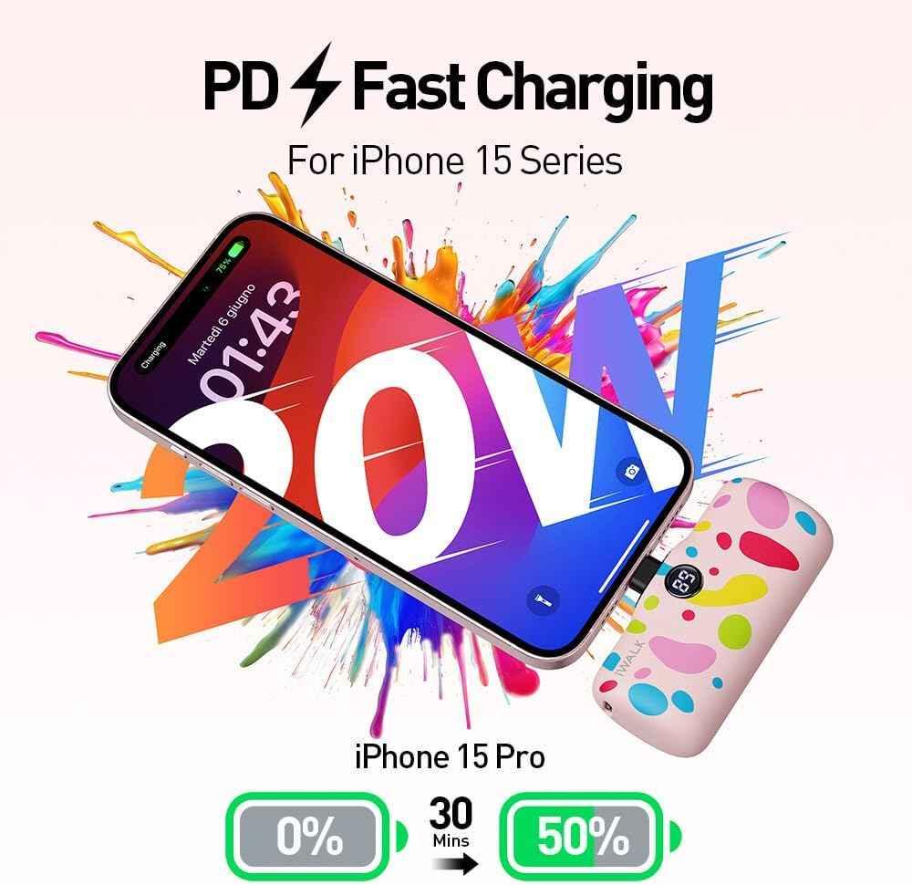 iWalk 4800mAh Type-C 20W Pocket Power Bank - Pink Pattern